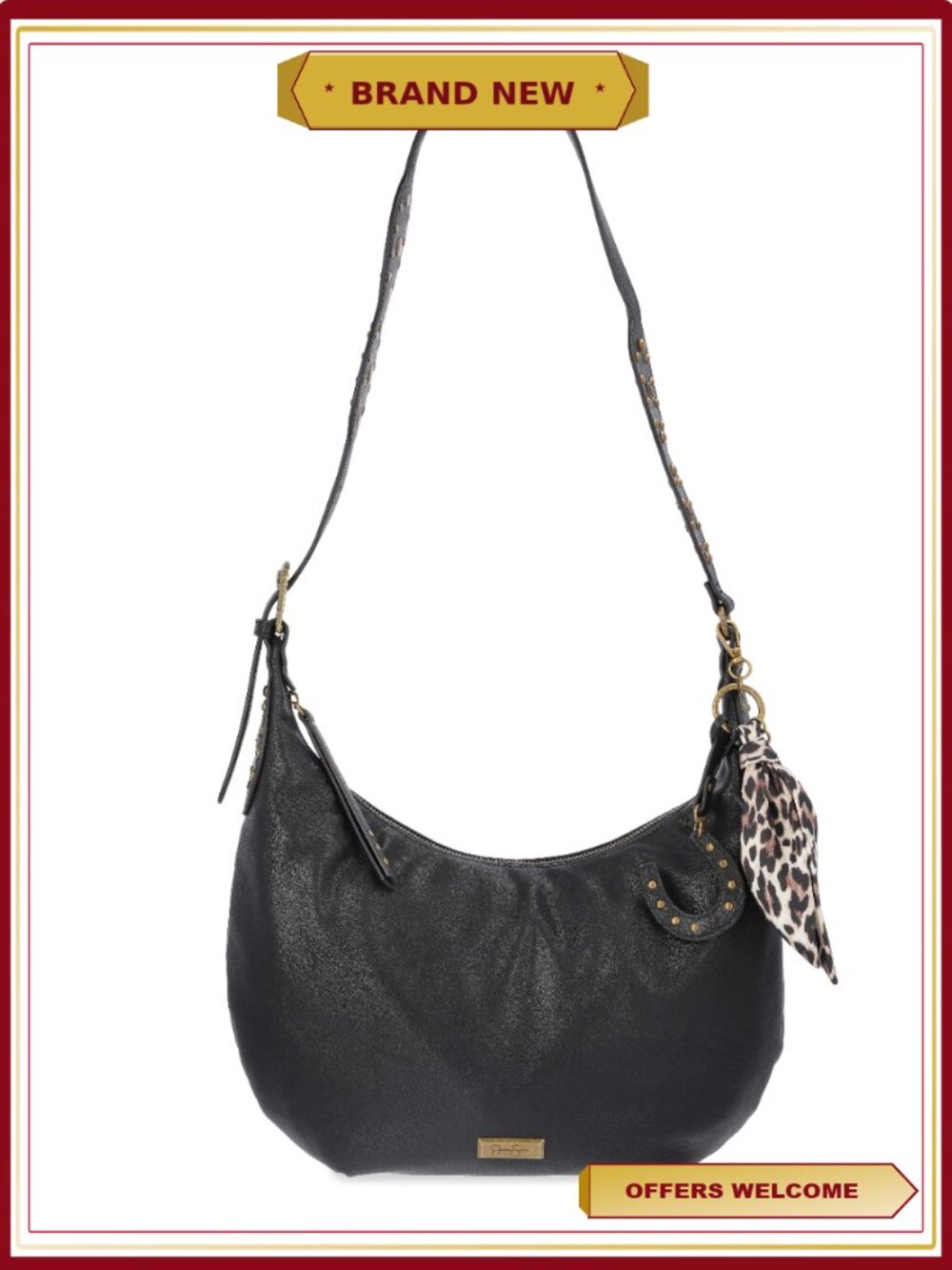 Faux Leather Studded Hobo Handbag with Adjustable Strap